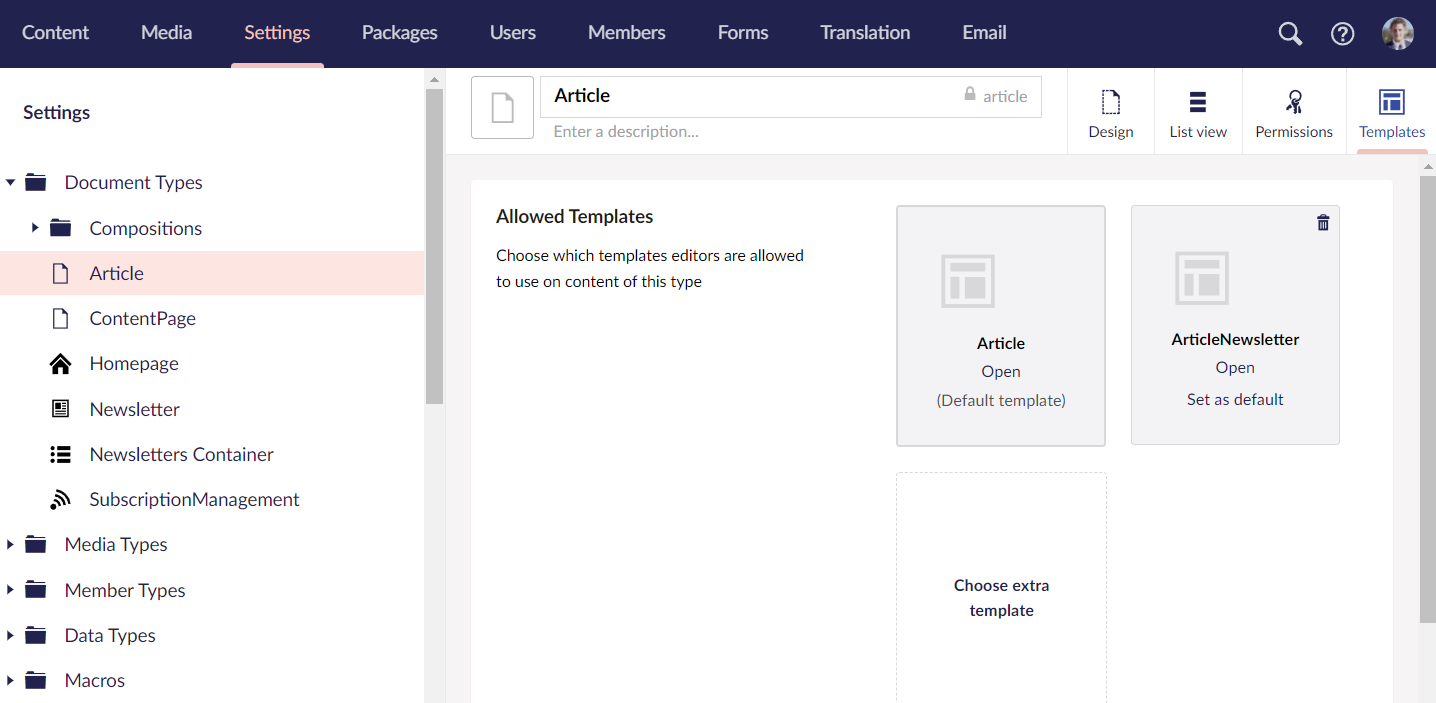 Configure document type template