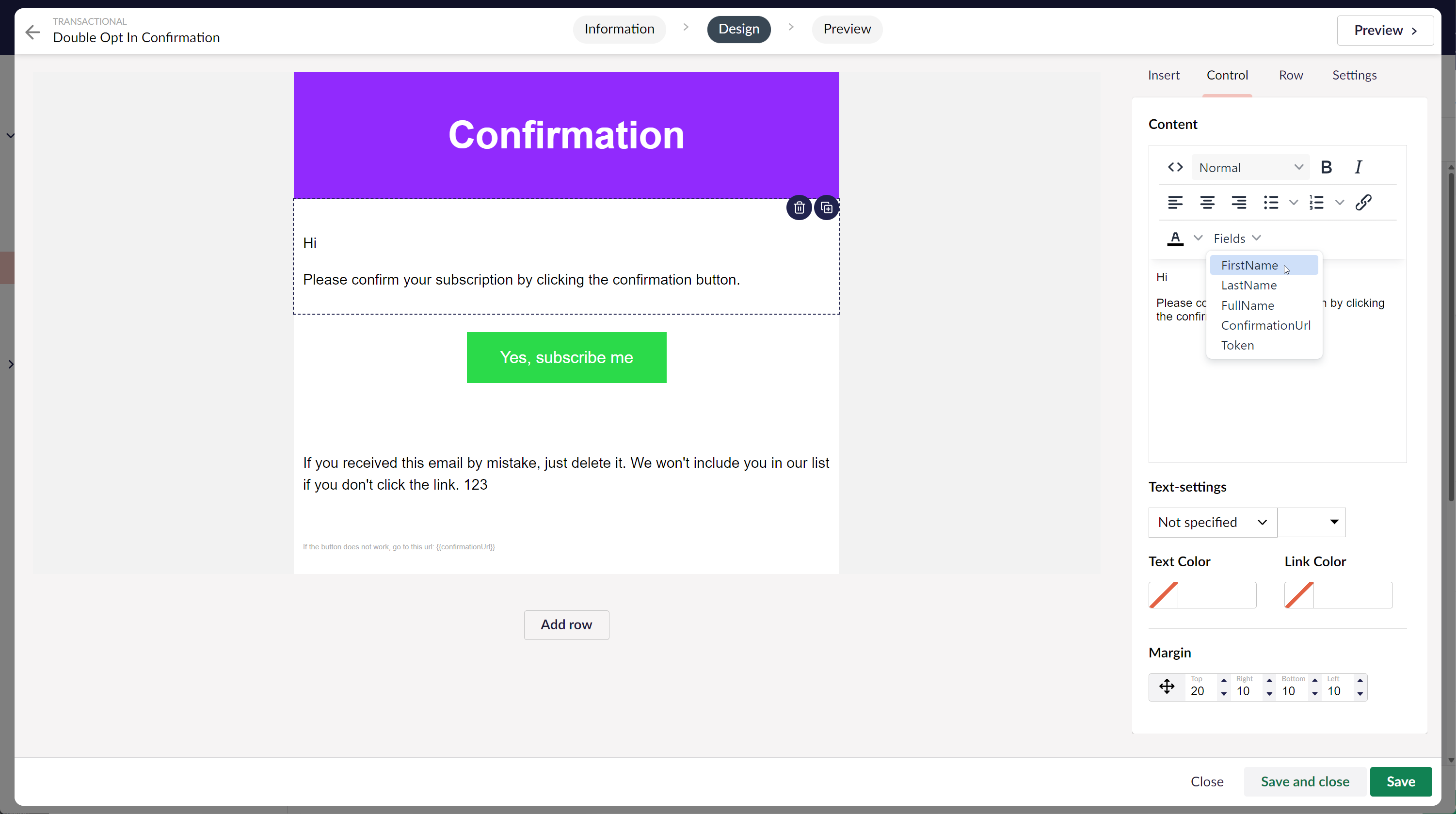 Screenshot of email editor with fields