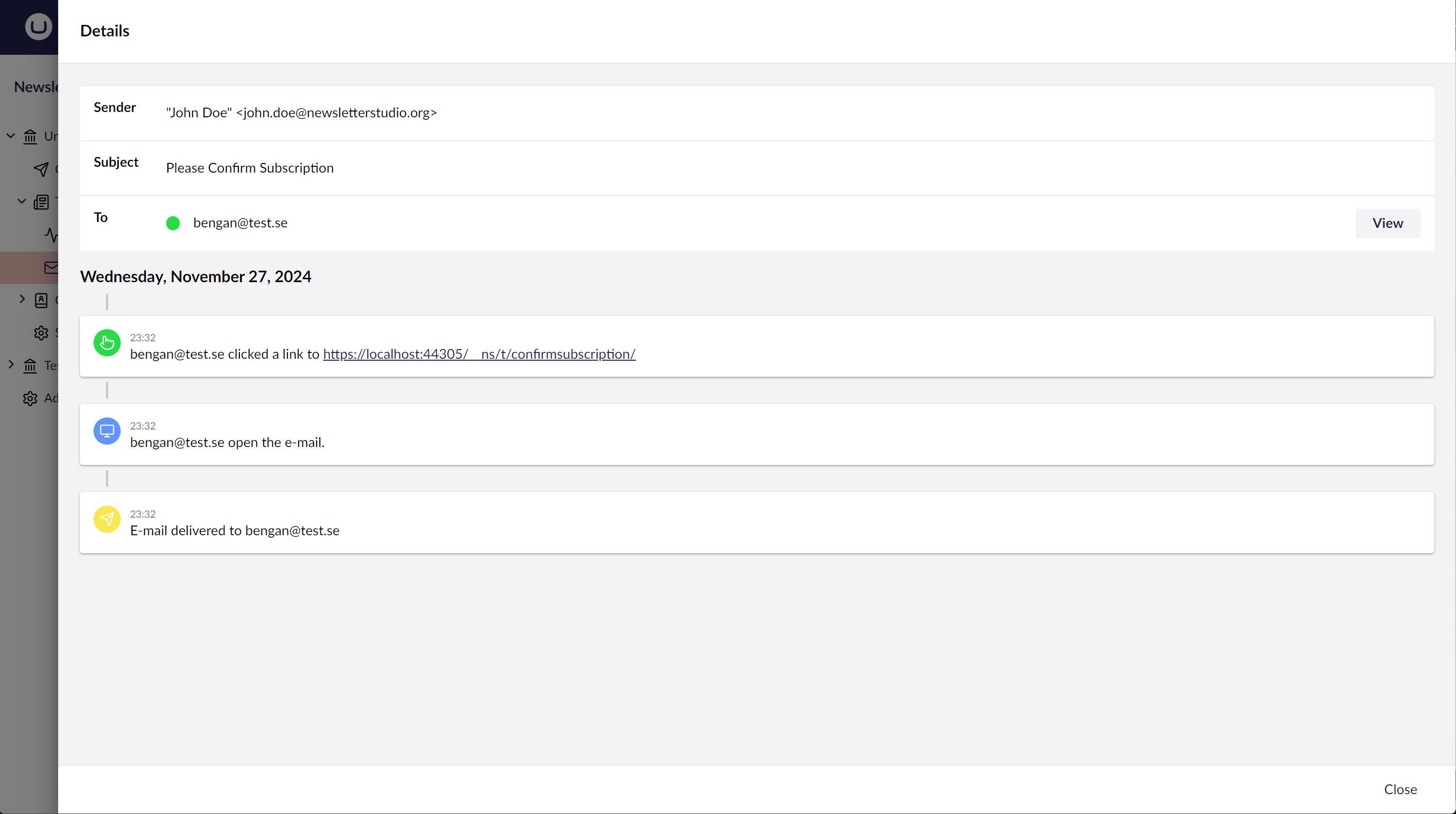 Screenshot of email details