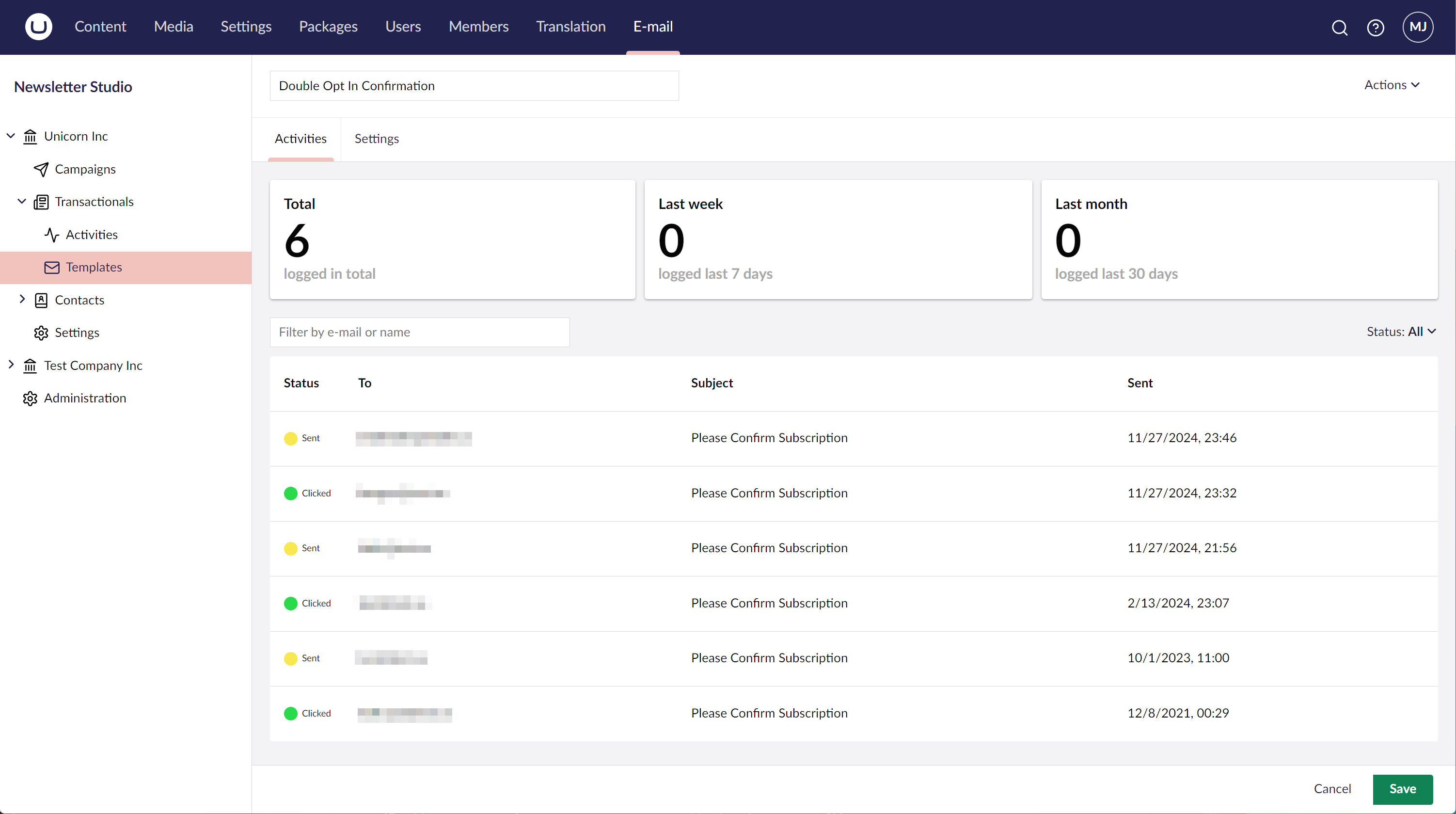 Screenshot of transactional email log